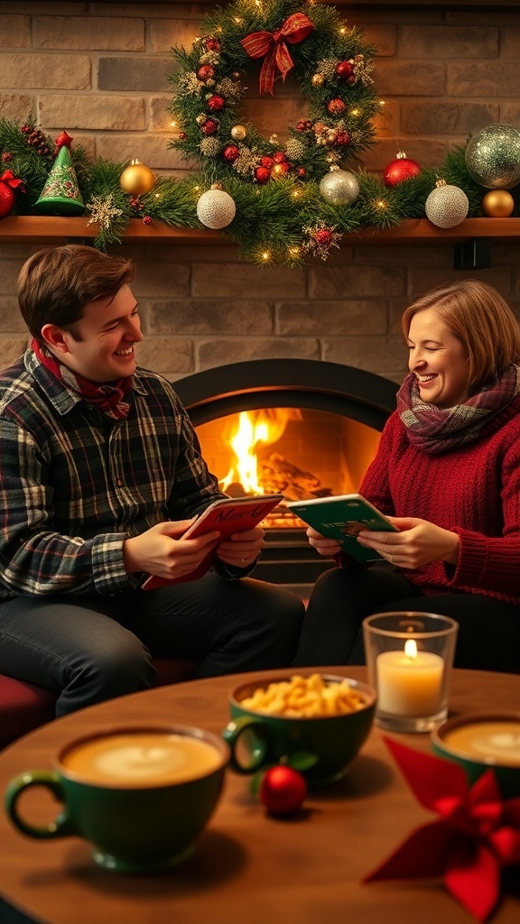 Two people playing Christmas games by the fireplace, surrounded by festive decorations.